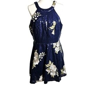 Emerald Sundae Navy Sequin Floral Mini Dress with Embroidery.  Size 15
